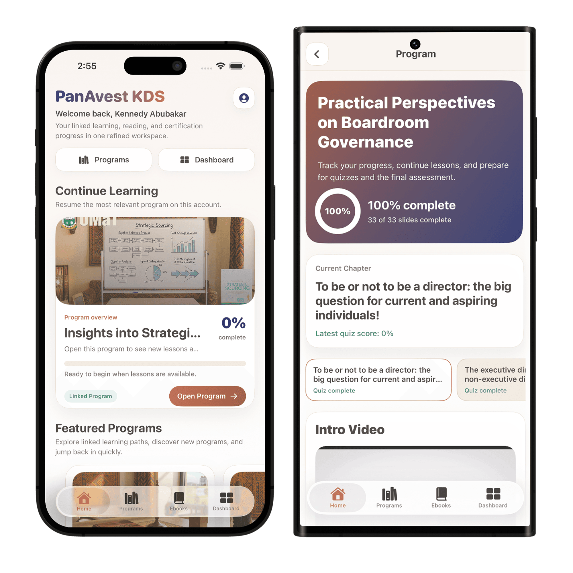 KDS mobile experience showing the dashboard and course progress views